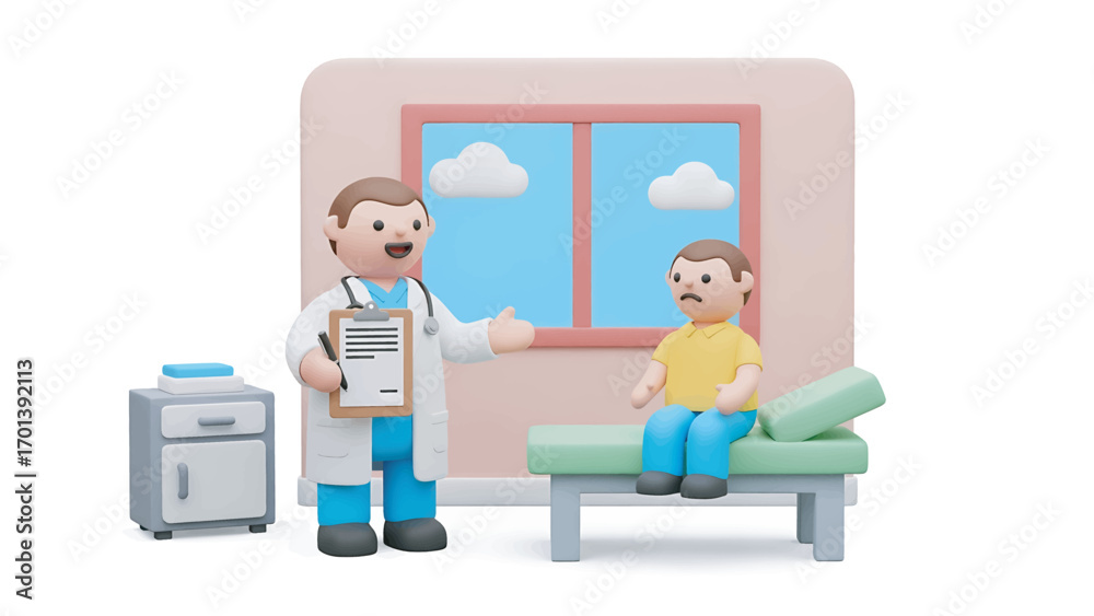 Obraz premium Doctor consulting with patient in examination room, discussing medical history and treatment plan with care and professionalism.