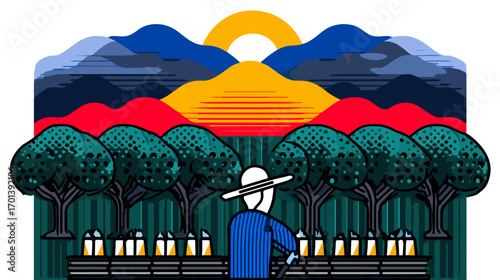Gardener working among trees at sunrise