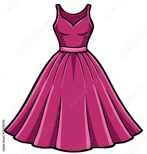 Vibrant pink sleeveless elegant dress cartoon illustration for special occasions