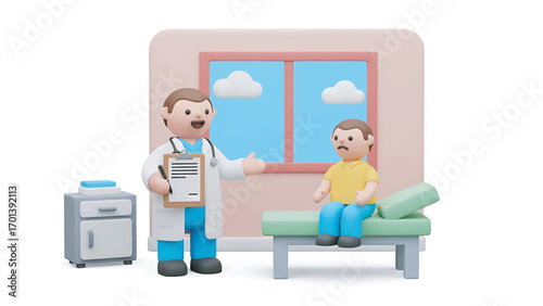 Doctor consulting with patient in examination room, discussing medical history and treatment plan with care and professionalism.