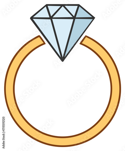 Classic gold solitaire diamond engagement ring, simple flat vector icon illustration.