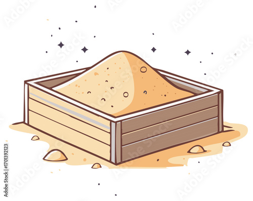 Charming wooden sandbox brimming with play sand, adorned with magical sparkling details