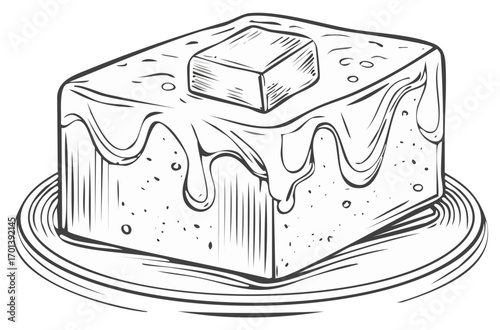 Vintage engraving style line art of a slice of cornbread with melting butter