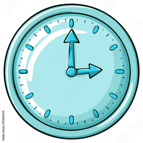 Cartoon style Clock showing Three O'Clock, blue clock face with hour markers, time concept,  isolated design element