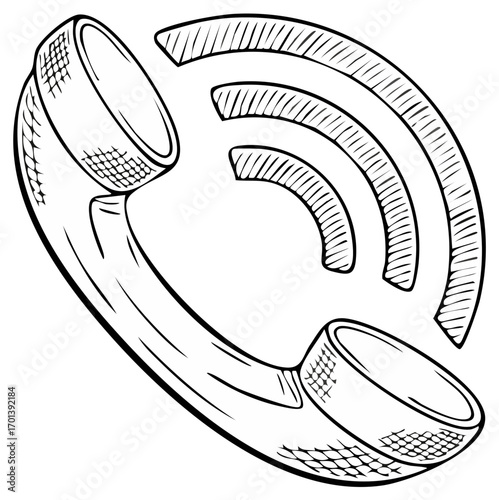 Retro telephone handset with signal waves drawing communication concept