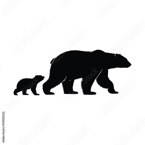 Silhouette of Polar Bear Mother and Cub Walking Across Snowy Landscape Together