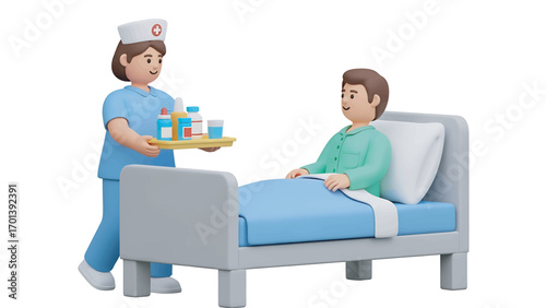 Nurse carrying tray of medicine to patient lying in hospital bed, providing care and comfort during recovery, showing compassion and support.