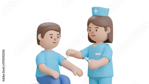 Nurse administering vaccine to young man in blue shirt at clinic, promoting health and safety during a pandemic with a hopeful and reassuring tone.