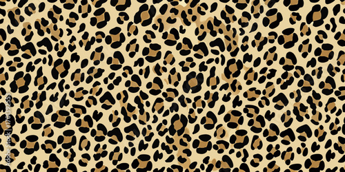Seamless leopard print pattern with black and tan spots on a light tan background