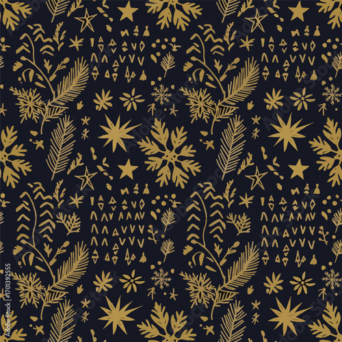 Festive hand-drawn botanical pattern with gold elements on a dark navy background., patern seamless, Stock royalty.
