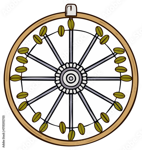Circular graphic of a traditional Buddhist Dharma wheel with design elements.