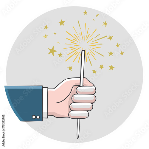 Hand holding a sparkler with starburst effect and gold stars