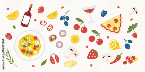 A vibrant and colorful flat lay illustration of various italian food ingredients and dishes on a white background