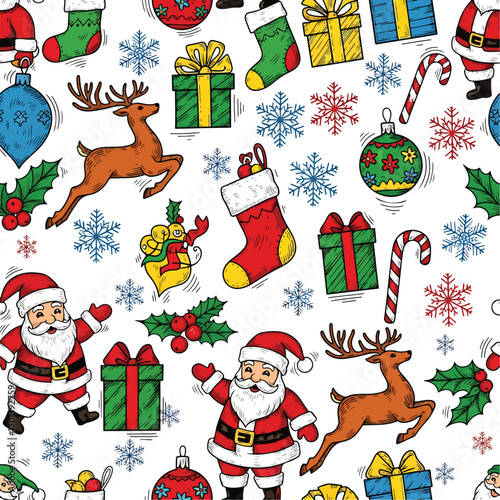 Festive Christmas seamless pattern with Santa Claus, reindeer, gifts, and ornaments illustration, seamless pattern, royalty free stock.
