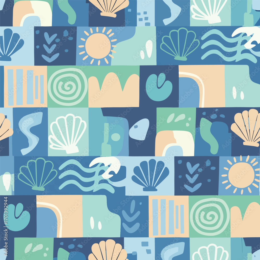 Obraz premium Playful ocean-themed square tile pattern with seashells, sun, and abstract shapes, seamless pattern, Stock royalty free image.