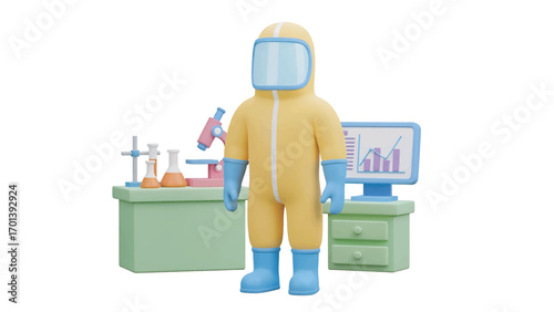 Scientist in hazmat suit standing in laboratory with microscope and beakers on table, analyzing data on computer screen, showcasing scientific research.