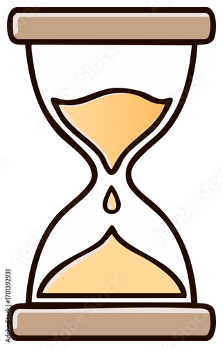 Cartoon hourglass with yellow sand falling between glass bulbs and wooden frame