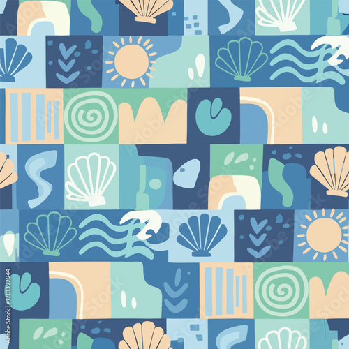 Playful ocean-themed square tile pattern with seashells, sun, and abstract shapes, seamless pattern, Stock royalty free image.