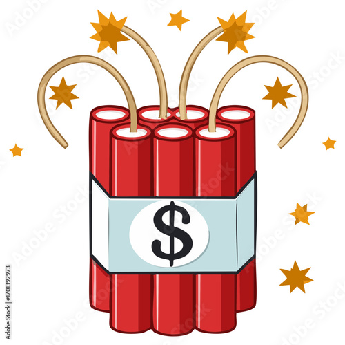 Cartoon Dynamite Bundle with Dollar Sign, Danger Concept, Finance Explosion