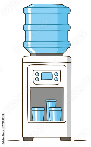 Cartoon illustration of a water cooler with large water bottle and cups