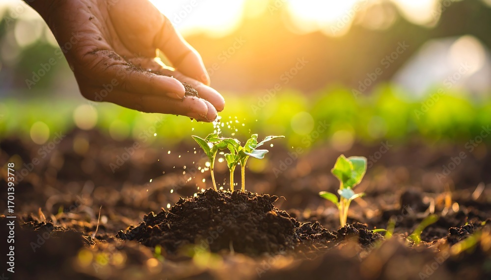 Fototapeta premium Hand watering young plants in fertile soil