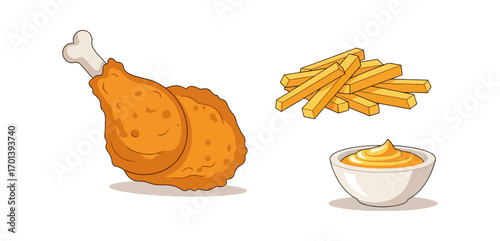Fried chicken and french fries with sauce