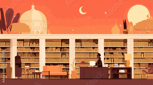 Library interior at dusk
