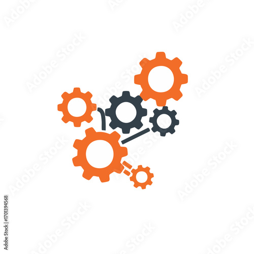 An abstract graphic of interconnected orange and dark grey gears dynamically symbolizes complex system operations, efficient teamwork, and collaborative solution development.