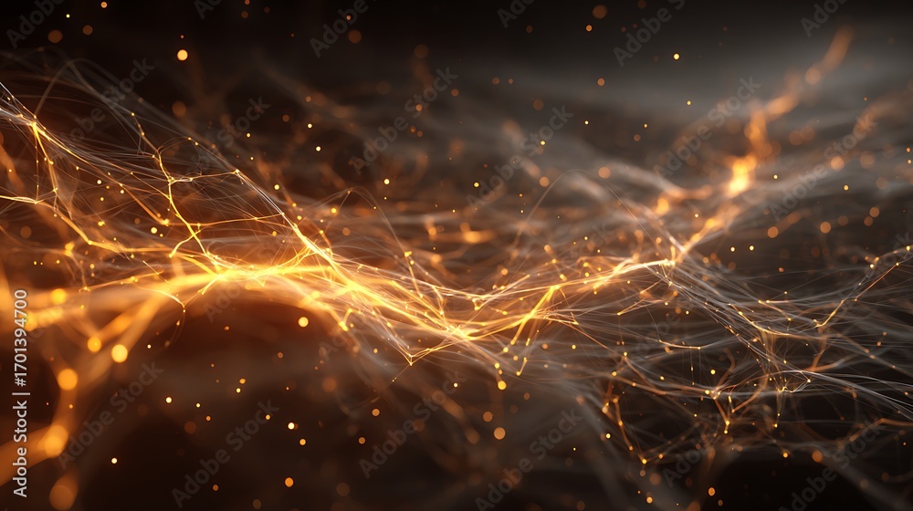 Obraz premium Abstract Orange Light Network with Glowing Particles and Flowing Wires in Dark Background