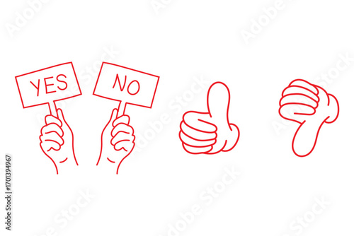 Thumbs up thumbs down hand drawn vector illustration,  yes no, like dislike, Approve reject, vote, accept, answer, agree, disagree vector icon