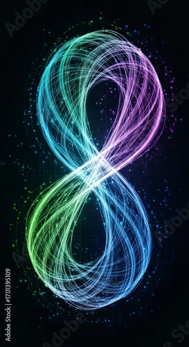 Abstract Infinity Loop in Green Purple Blue and White on Dark Background with Glowing Particles