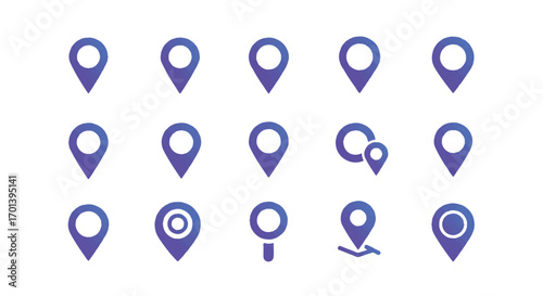 Collection of purple location pin markers indicating various points on a map, useful for navigation and travel planning, presented in a clean and modern style.