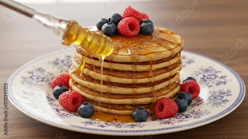 Delicious Golden Pancakes: Honey, Berries, & Morning Delight!