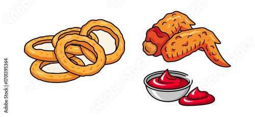 Fried onion rings and chicken wings with sauce