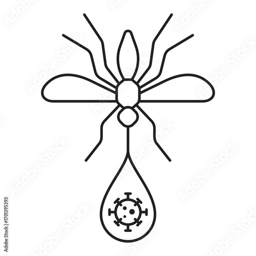 Vector line illustration of mosquito carrying virus in blood drop