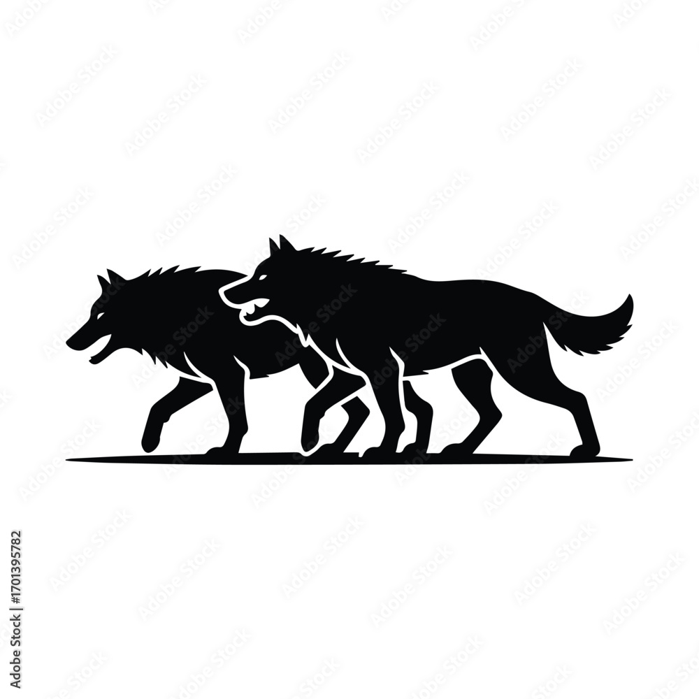 Fototapeta premium Two wolves walking black and white illustration wildlife predator canine animal silhouette vector art