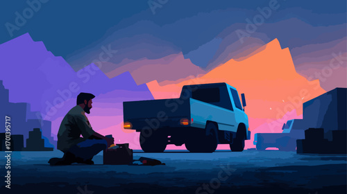 Man working outdoors at dusk with trucks