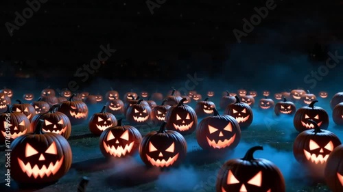 A Spooky Field of Animated Jack-o'-Lanterns with Glowing, Changing Faces on a Foggy Halloween Night.