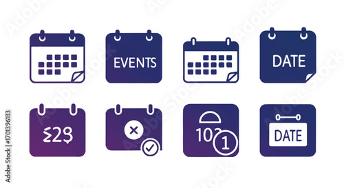 Collection of calendar symbols representing events, dates, and reminders in a minimalist style against a white backdrop, perfect for scheduling and organization.