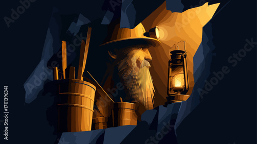 Miner working in a dark cave