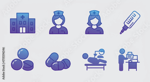 Medical staff and equipment depicted with soft blue gradients representing healthcare services and patient care in a modern, clean aesthetic.