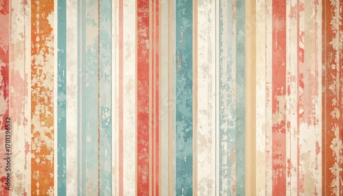 Colorful Vertical Stripes Distressed Retro Wallpaper Texture in Shades of Red Blue Beige Background