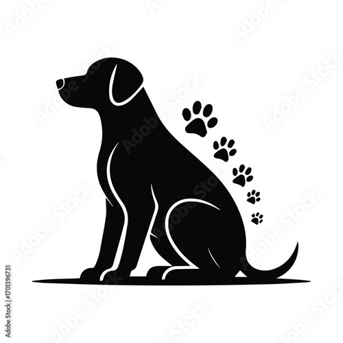 Elegant silhouette of a dog sitting with paw prints vector illustration design