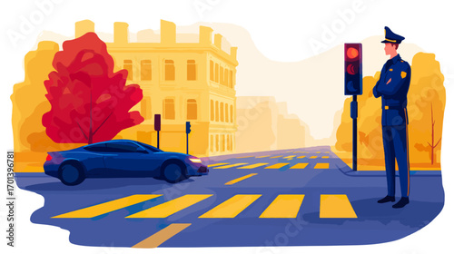 Officer regulates traffic at crosswalk