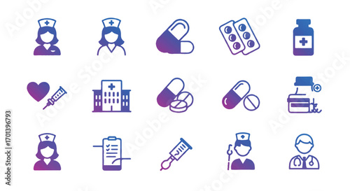 Medical staff and equipment depicted in a collection of gradientfilled line drawings representing healthcare and treatment on a clean white surface.