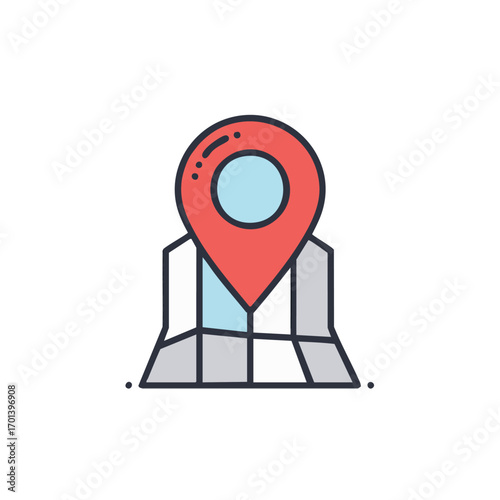 A vibrant, modern flat-design icon illustrating a red location pin placed directly on a folded map, symbolizing navigation, travel, and finding destinations.