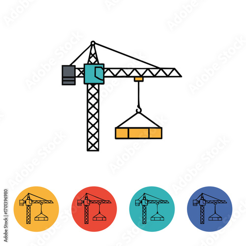 A modern flat design vector illustration depicts a tower crane actively lifting a heavy load, symbolizing ongoing construction, engineering, and industrial development.