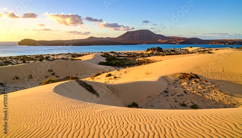 Fototapeta Naklejka Na Ścianę i Meble -  Golden dunes meet a tranquil bay at sunset