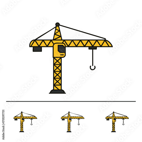 A vibrant yellow tower crane icon, rendered in a modern flat design style, symbolizes construction, development, and heavy industry on a clean white background.