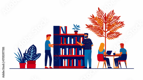 People working in a modern workspace with bookshelves